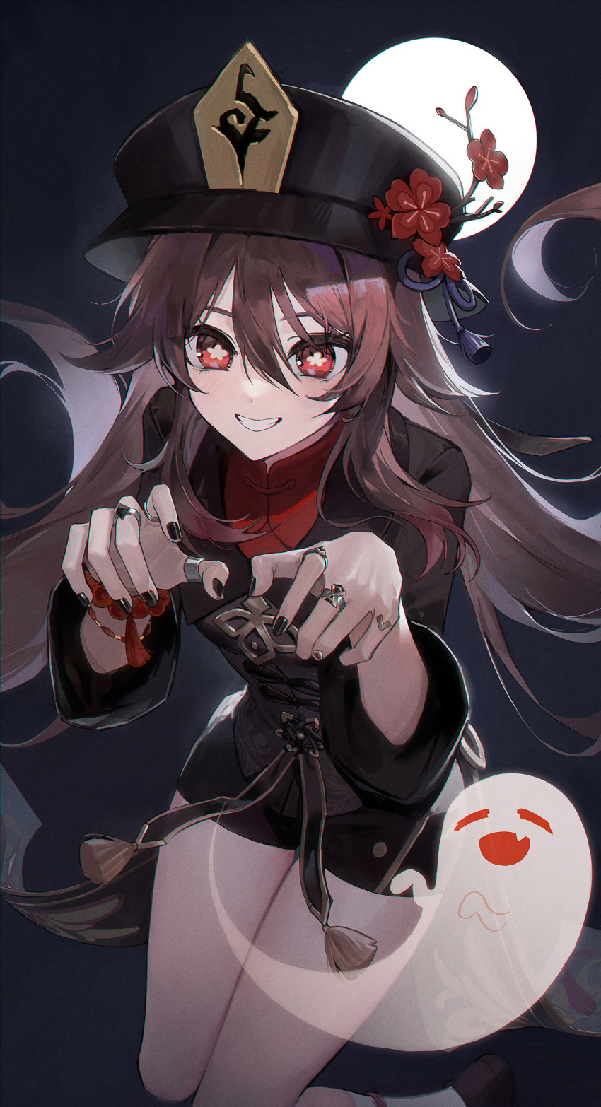 1girl, absurdres, black_nails, black_shorts, blush, boo_tao_(genshin_impact), brown_hair, chinese_clothes