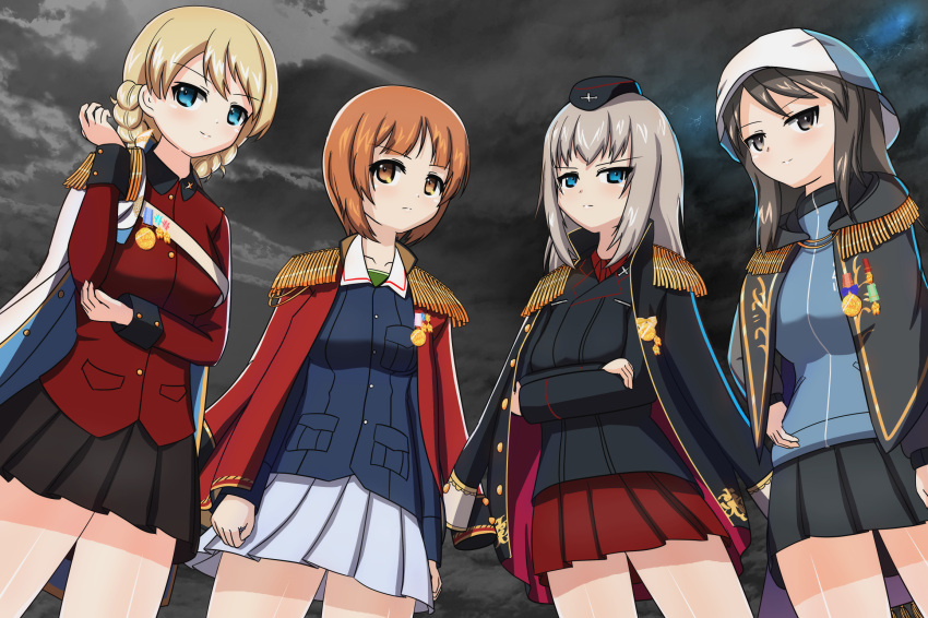 4girls, black_coat, black_headwear, black_jacket, black_skirt, black_sky, blonde_hair, blue_eyes