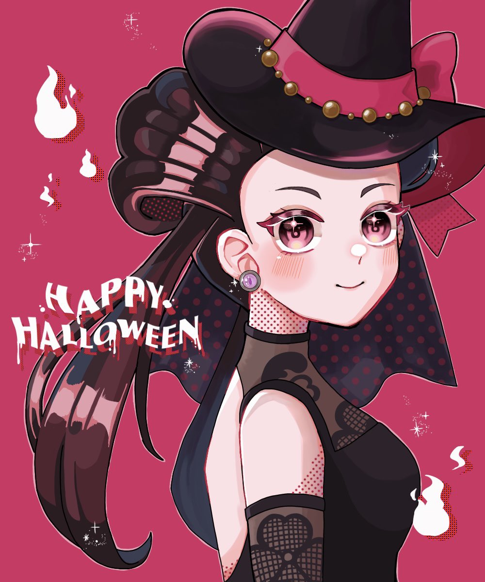 1girl, black_dress, brown_hair, dress, earrings, from_side, happy_halloween, hat
