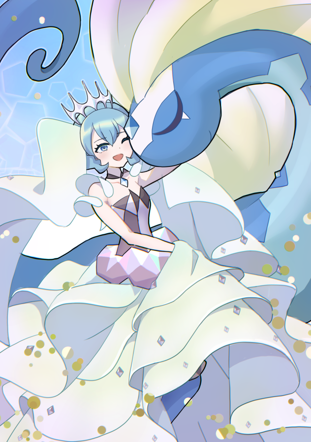 1girl, aurorus, closed_eyes, diamond_(shape), diamond_choker, dress, frilled_dress, frills