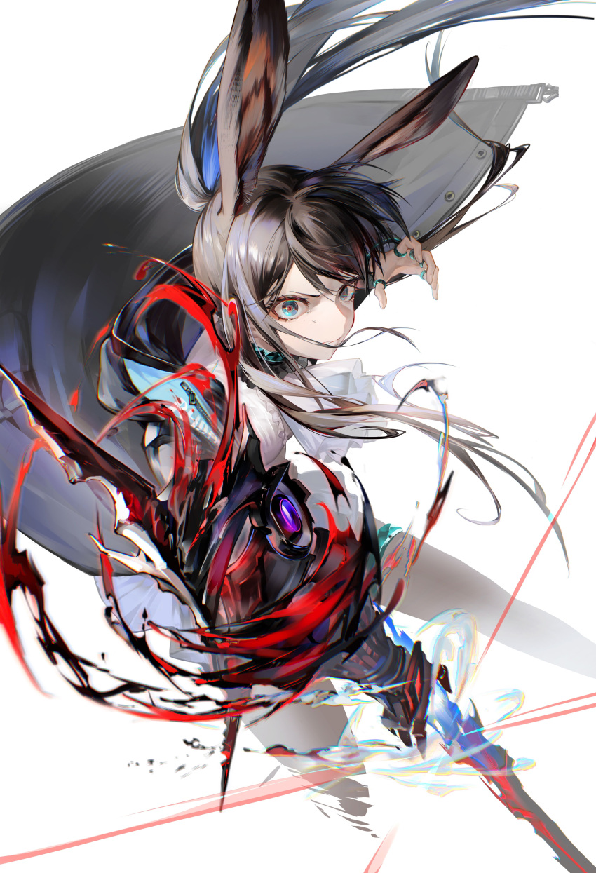 1girl, absurdres, amiya_(arknights), amiya_(guard)_(arknights), angry, animal_ears, arknights, ascot, black_jacket, blue_collar, blue_eyes, brown_hair, brown_pantyhose, center_frills, collar, foot_out_of_frame, frills, highres, hood, hood_down, hooded_jacket, incoming_attack, jacket, jewelry, long_hair, looking_at_viewer, mayaaaaaaaax_x, multiple_rings, originium_arts_(arknights), pantyhose, parted_lips, rabbit_ears, rabbit_girl, ring, simple_background, skirt, solo, sweater, sword, tearing_up, thigh_ring, weapon, white_ascot, white_background, white_sweater