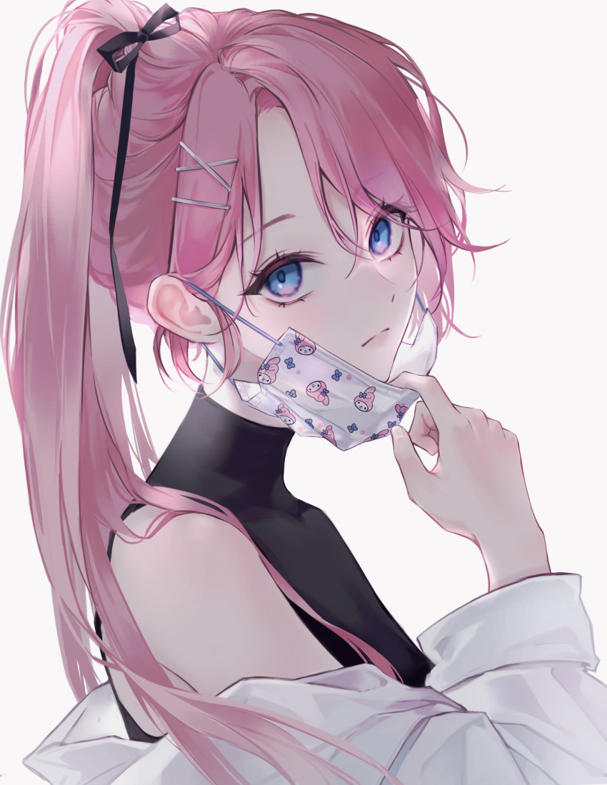 1girl, bbony_0_0, black_ribbon, black_shirt, blue_eyes, closed_mouth, commentary, commission