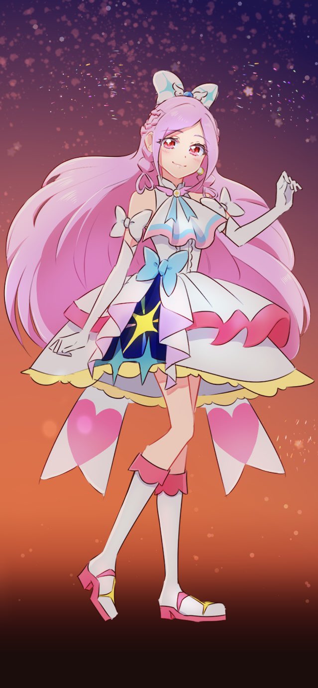 1girl, blush, boots, bow, commentary, cosplay, crossover, cure_passion