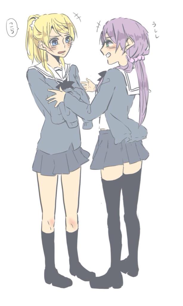 2girls, ayase_eli, black_bow, black_bowtie, black_footwear, black_socks, black_thighhighs, blonde_hair