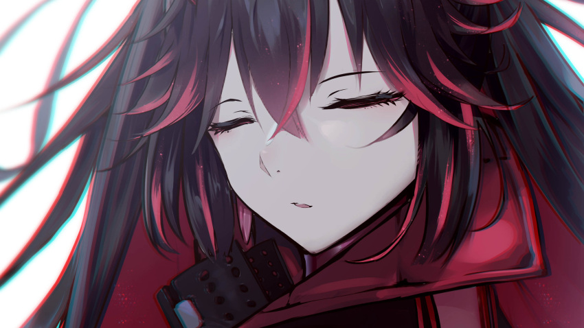 1girl, 9h, black_hair, chromatic_aberration, close-up, closed_eyes, crossed_bangs, hair_between_eyes