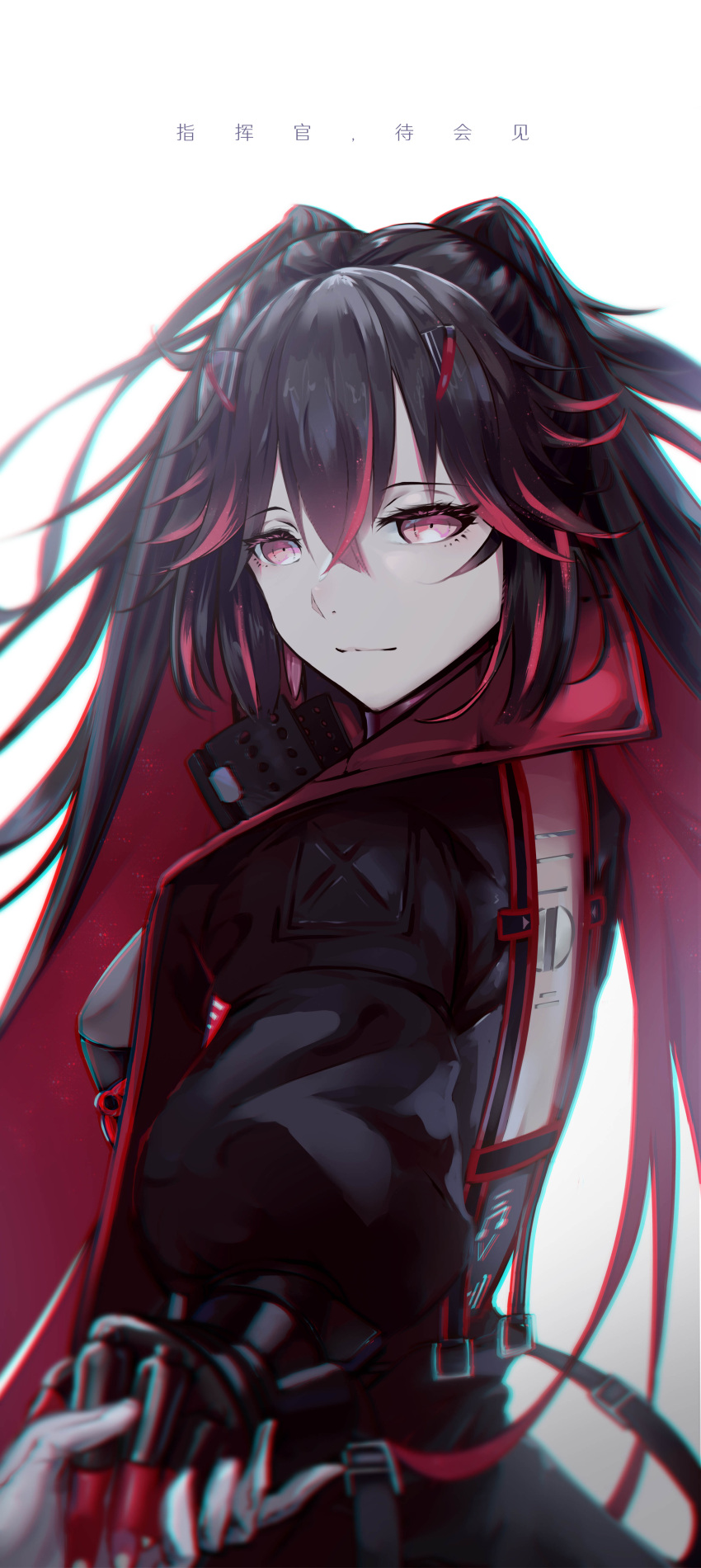 1girl, 1other, 9h, absurdres, back_cutout, black_hair, black_jacket, chinese_text