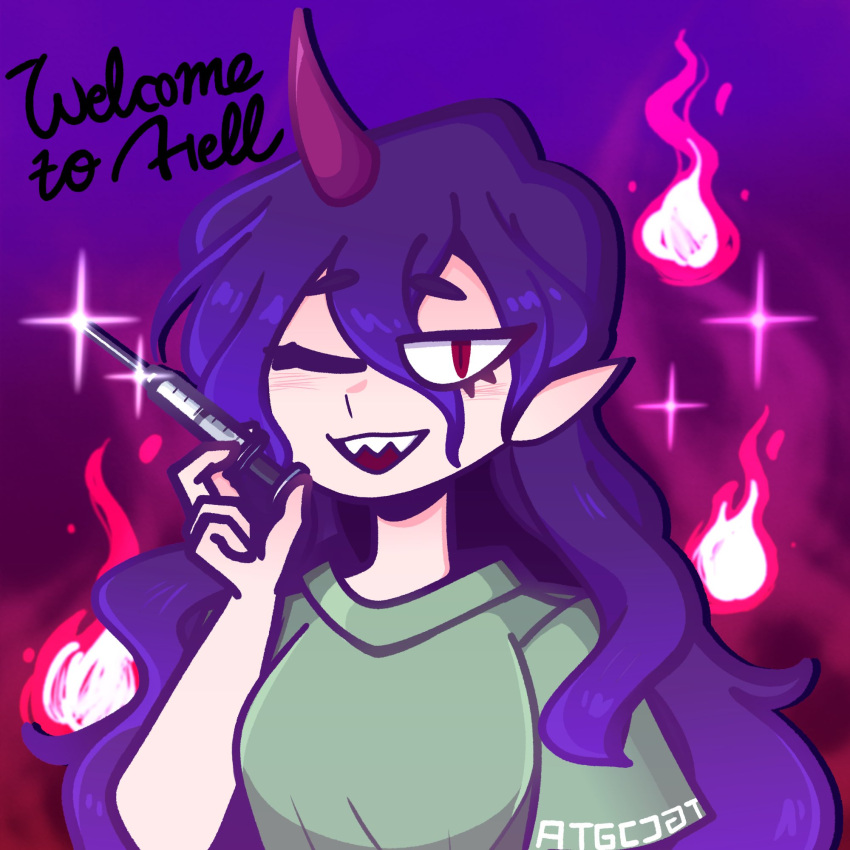 1girl, :d, blush, cursive, d_vaaaah, drop_shadow, fiery_background, fire