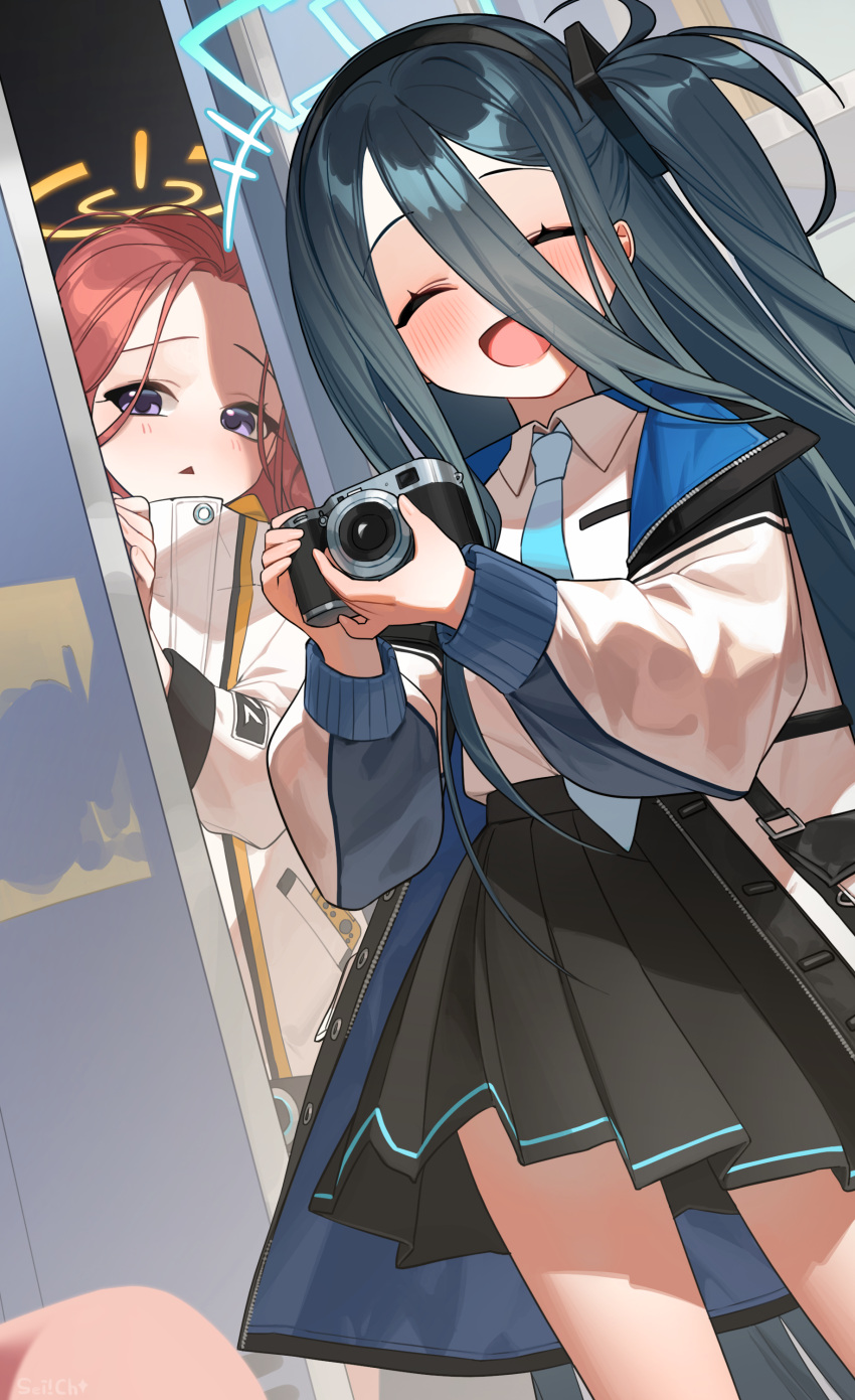 +++, 2girls, absurdly_long_hair, absurdres, aris_(blue_archive), black_hair, black_skirt, blue_archive