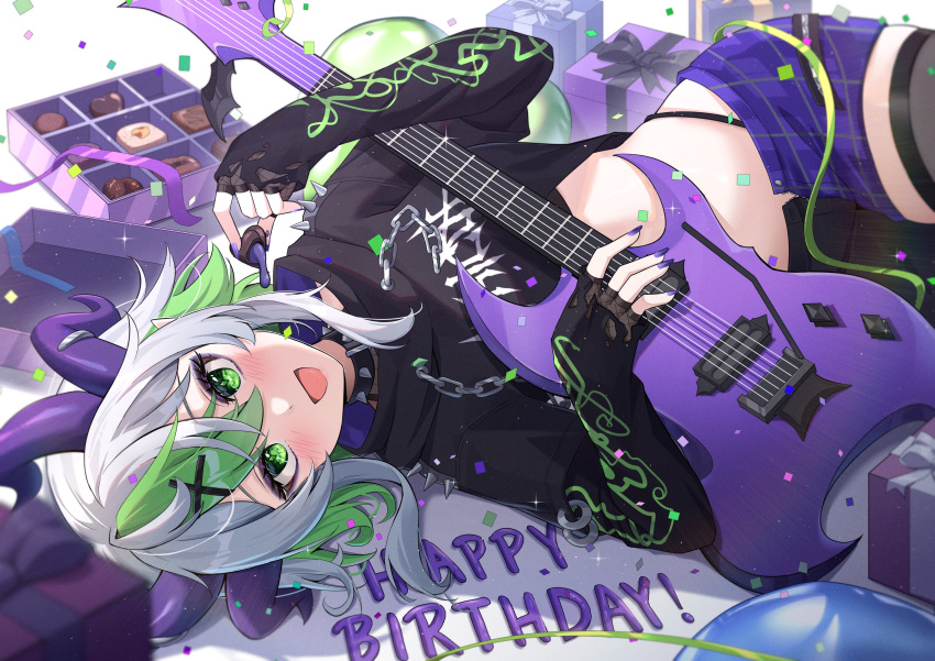 1girl, absurdres, ardenlolo, balloon, black_collar, black_hoodie, blush, box, box_of_chocolates, bsapricot_(vtuber), bsapricot_(vtuber)_(8th_costume), chain, chocolate, collar, colored_inner_hair, confetti, cropped_hoodie, demon_girl, demon_horns, english_text, eyeshadow, fingernails, food, gift, green_eyes, green_hair, hair_ornament, happy_birthday, highleg, highleg_panties, highres, holding, holding_chocolate, holding_food, holding_guitar, holding_instrument, hood, hoodie, horns, instrument, long_fingernails, long_sleeves, looking_at_viewer, lying, makeup, multicolored_hair, multicolored_pants, multiple_horns, nail_polish, on_floor, on_side, open_mouth, panties, pants, pointy_ears, purple_eyeshadow, purple_horns, purple_nails, single_thighhigh, smile, solo, spiked_collar, spikes, streaked_hair, thigh-highs, underwear, virtual_youtuber, vshojo, white_hair, x_hair_ornament
