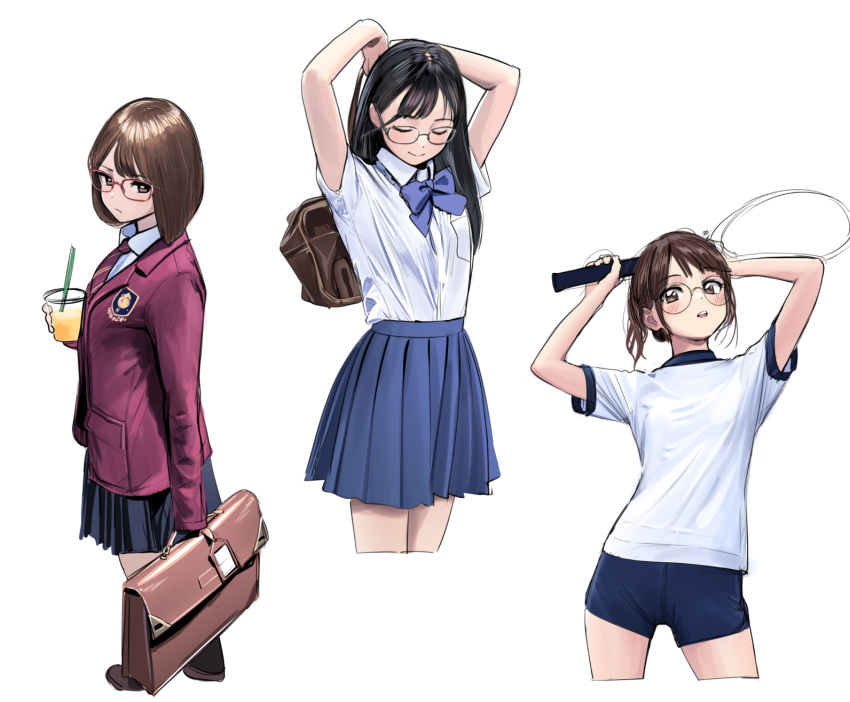 3girls, black_hair, black_skirt, blue_bow, blue_skirt, bow, brown_eyes, brown_hair