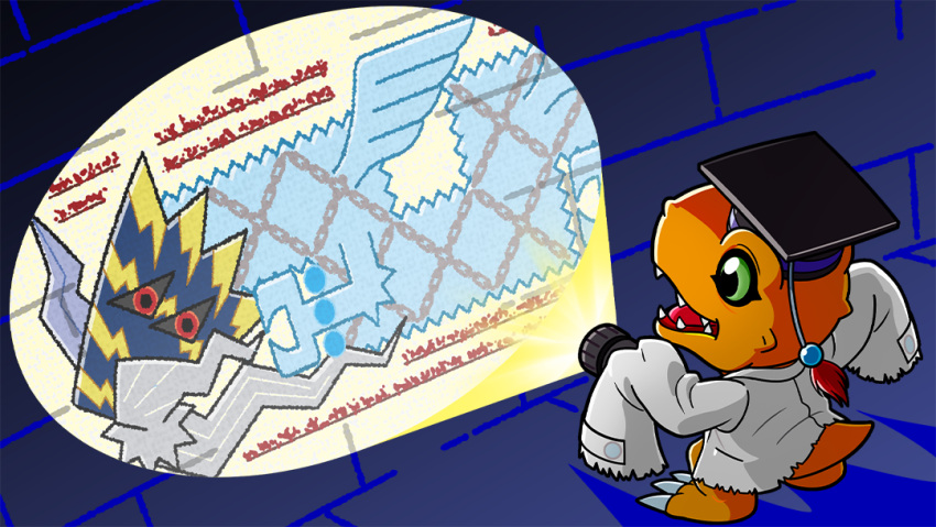 agumon_hakase, artist_request, brick_wall, digimon, digimon_(creature), flashlight, hat, holding