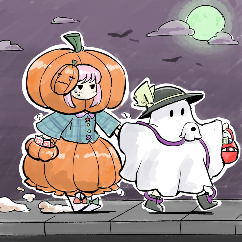 2girls, adapted_costume, alternate_costume, animal, basket, bat_wings, black_eyes, black_footwear
