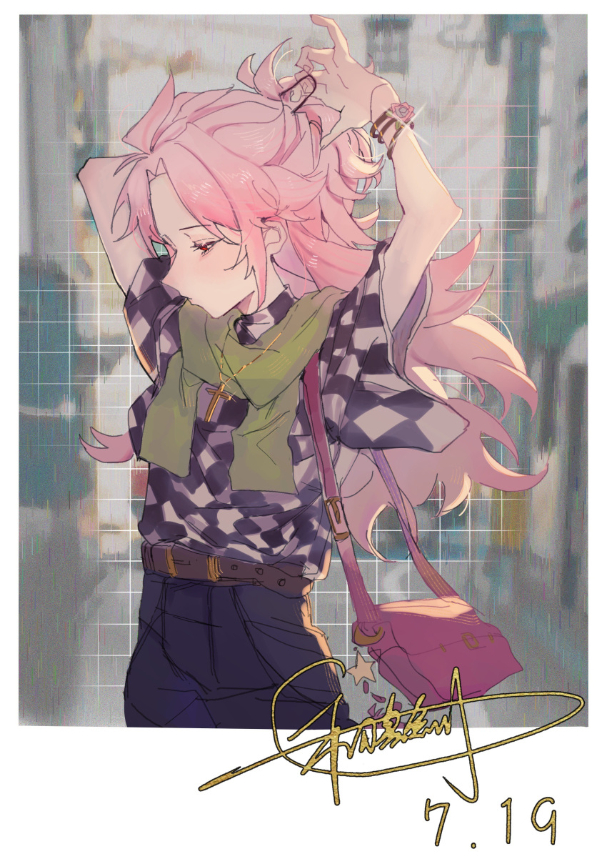 1boy, absurdres, bag, belt, blue_pants, brown_belt, checkered_clothes, checkered_shirt