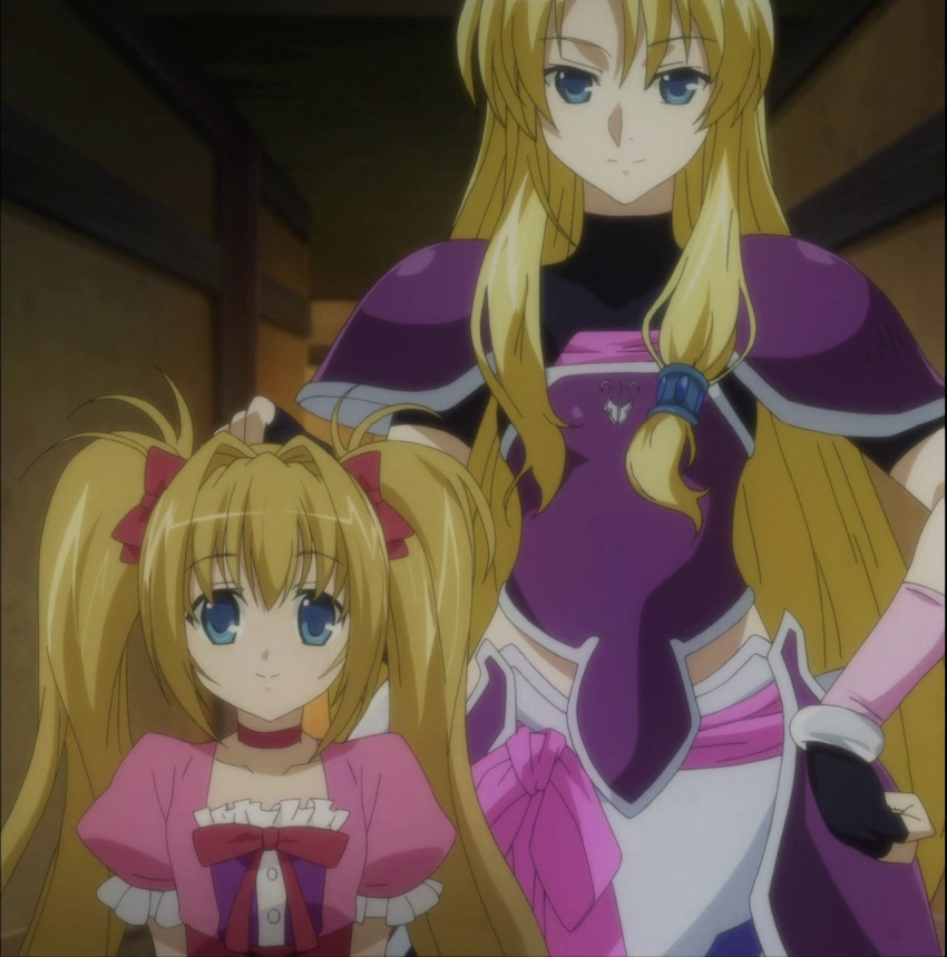 2girls, armor, belt, blonde, blonde_hair, blue_eyes, choker, densetsu_no_yuusha_no_densetsu, dress, ferris_eris, gloves, iris_eris, long_hair, screenshot, twintails, warrior