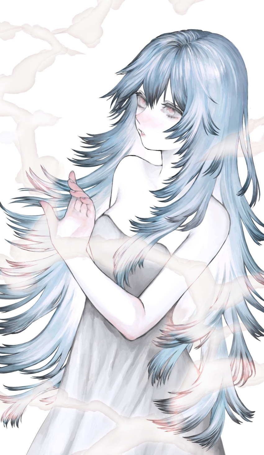 1girl, absurdres, ayanami_rei, bare_arms, bare_shoulders, blackblackblack, blue_hair, breasts, dress, evangelion:_3.0+1.0_thrice_upon_a_time, fingernails, hair_between_eyes, highres, light_blue_hair, lips, long_hair, medium_breasts, neon_genesis_evangelion, parted_lips, pink_eyes, pink_lips, rebuild_of_evangelion, simple_background, solo, strapless, strapless_dress, very_long_hair, white_background, white_dress
