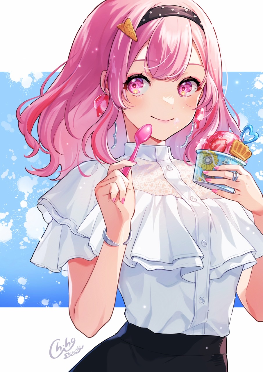 1girl, black_hairband, black_skirt, blouse, bracelet, buttons, closed_mouth, commentary_request