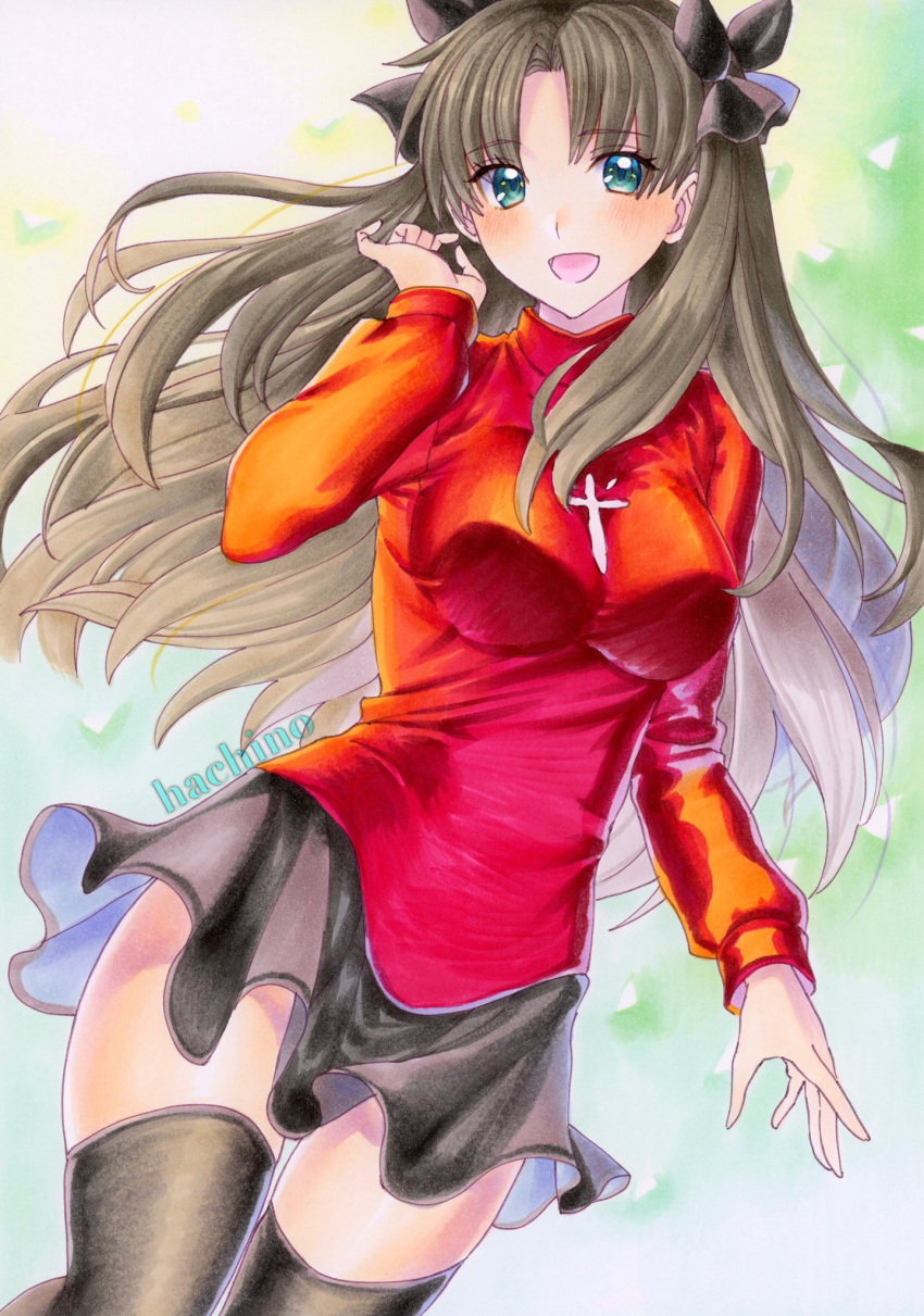 1girl, black_bow, black_hair, black_skirt, black_thighhighs, blush, bow, breasts, commentary_request, cowboy_shot, fate/stay_night, fate_(series), green_eyes, hachi78b, hair_bow, highres, long_hair, long_sleeves, looking_at_viewer, marker_(medium), medium_breasts, miniskirt, open_mouth, petals, red_shirt, shirt, skirt, smile, solo, thigh-highs, tohsaka_rin, traditional_media, zettai_ryouiki