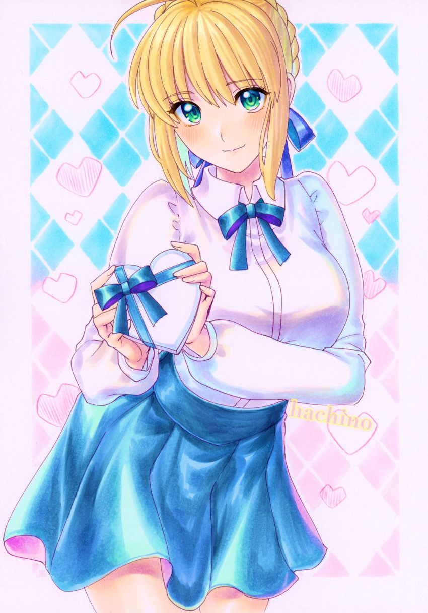 1girl, ahoge, artoria_pendragon_(fate), blonde_hair, blue_ribbon, blue_skirt, blush, box, braid, braided_bun, collared_shirt, commentary_request, cowboy_shot, fate/stay_night, fate_(series), gift, green_eyes, hachi78b, hair_bun, hair_ribbon, heart, heart-shaped_box, high-waist_skirt, highres, holding, holding_gift, long_sleeves, looking_at_viewer, neck_ribbon, no_legwear, ribbon, saber, shirt, single_hair_bun, skirt, smile, solo, valentine, white_shirt
