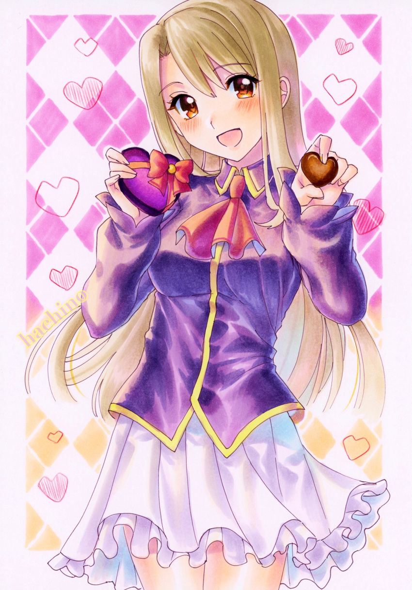 1girl, ascot, blush, breasts, candy, chocolate, collared_shirt, commentary_request, cowboy_shot, fate/stay_night, fate_(series), food, frilled_skirt, frills, grey_hair, hachi78b, heart, heart-shaped_chocolate, highres, holding, holding_chocolate, holding_food, illyasviel_von_einzbern, long_hair, long_sleeves, looking_at_viewer, marker_(medium), open_mouth, purple_shirt, red_eyes, shirt, skirt, small_breasts, smile, solo, traditional_media, valentine, white_skirt