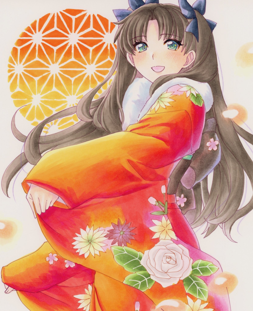 1girl, black_hair, blue_bow, blush, bow, commentary_request, cowboy_shot, fate/stay_night