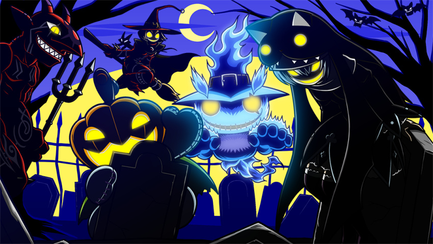 1boy, 2girls, animal_hood, artist_request, bat_(animal), blue_fire, boogiemon, broom