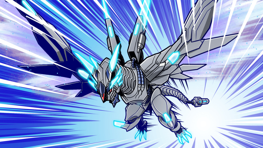 artist_request, digimon, digimon_(creature), dragon, flying, metallicdramon, no_humans, official_art, speed_lines
