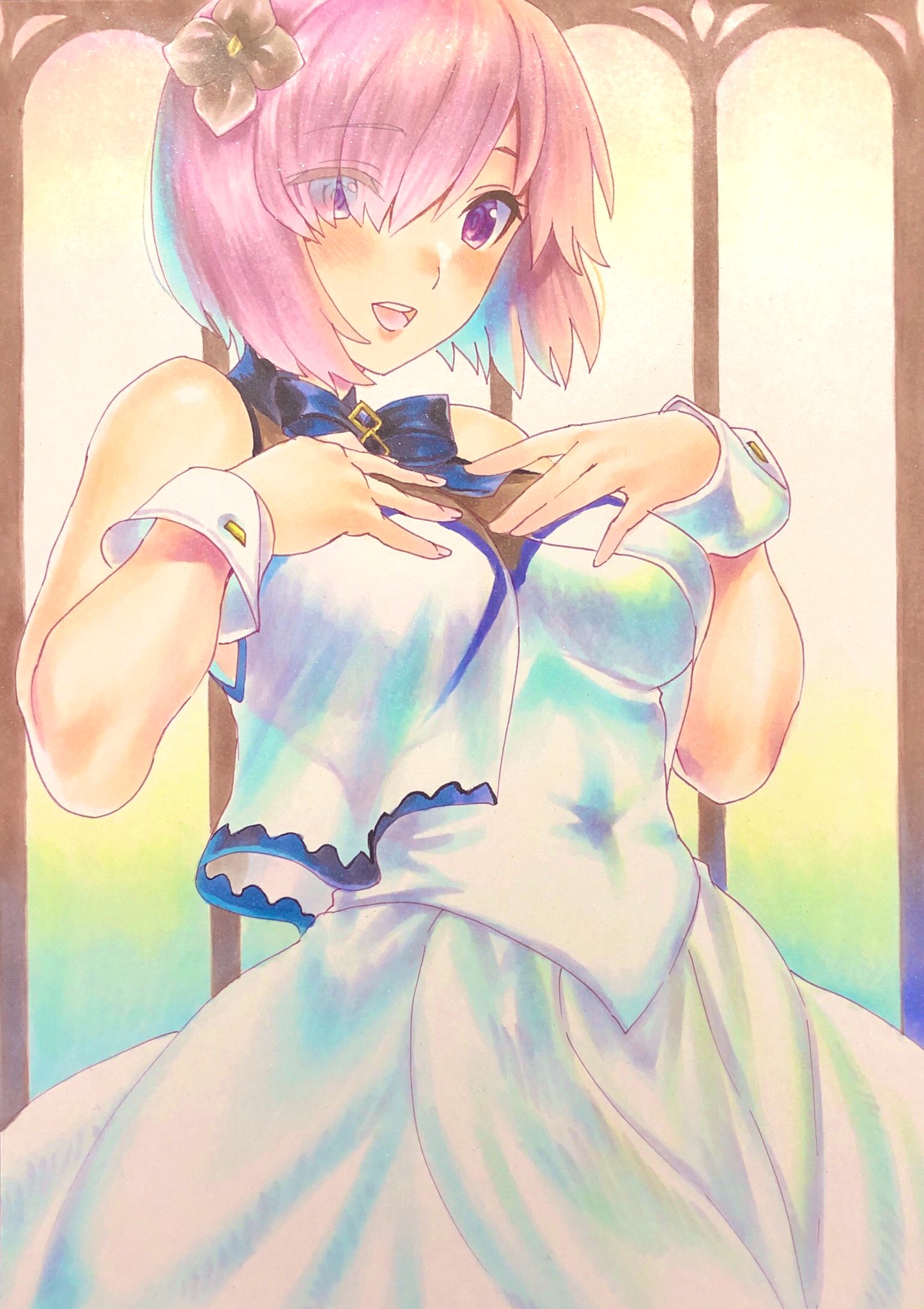 1girl, bare_shoulders, blush, bow, bowtie, breasts, commentary_request, dress