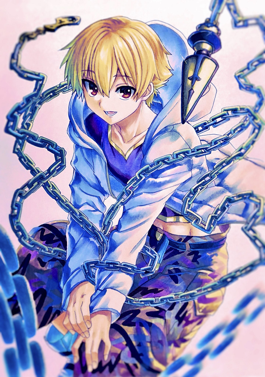 1boy, blonde_hair, blue_shirt, brown_eyes, chain, child_gilgamesh_(fate), commentary_request, enkidu_(weapon)_(fate)