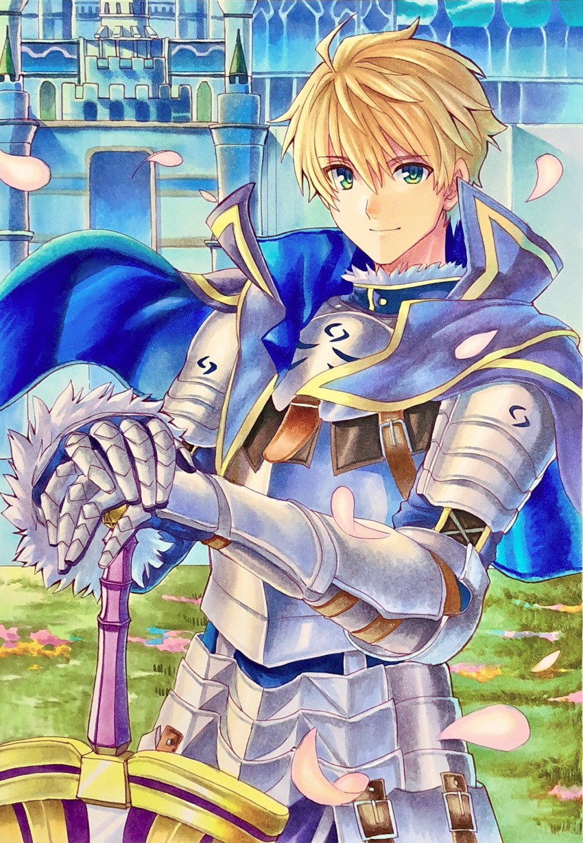 1boy, armor, arthur_pendragon_(fate), blonde_hair, blue_cloak, castle, cloak, day