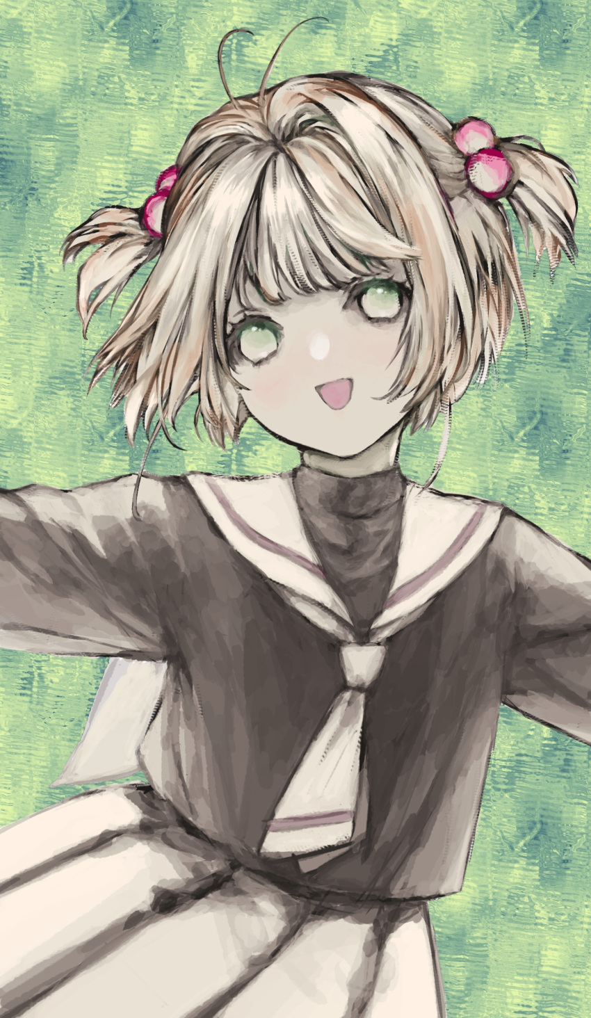 1girl, :d, absurdres, antenna_hair, black_shirt, blackblackblack, cardcaptor_sakura, green_eyes