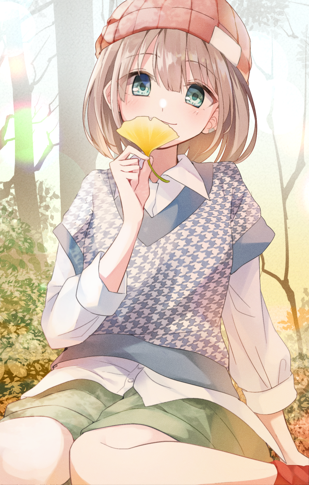 1girl, beanie, blue_eyes, blush, ginkgo_leaf, green_shorts, grey_hair, hat