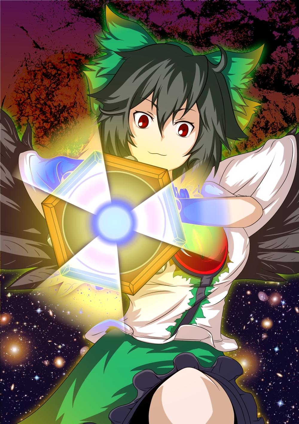 aiiro, arm_cannon, black_hair, bow, breasts, cape, hair_bow, highres, large_breasts, long_hair, pov_aiming, red_eyes, reiuji_utsuho, solo, touhou, weapon, wings