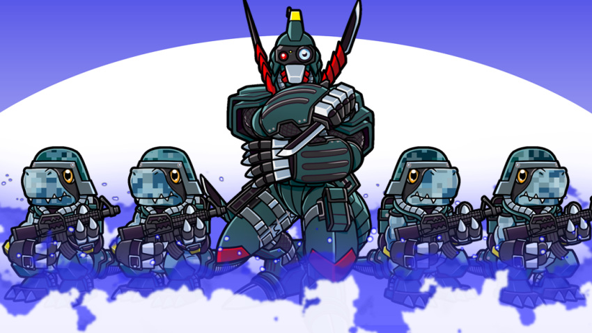 artist_request, assault_rifle, camouflage, commandramon, digimon, digimon_(creature), digital_camouflage, dinosaur
