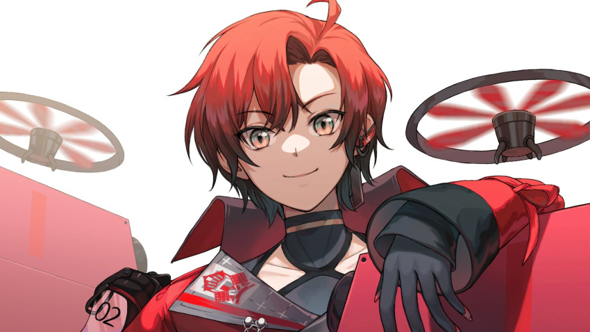 1boy, black_gloves, black_hair, choker, cowlick, drone, earrings, english_commentary, facing_viewer, gloves, green_eyes, hair_between_eyes, high_collar, holostars, holostars_english, jacket, jewelry, leaning_on_object, looking_at_viewer, machina_x_flayon, male_focus, multicolored_eyes, multicolored_hair, myem, portrait, red_eyes, red_jacket, short_hair, smile, solo, two-tone_hair, virtual_youtuber