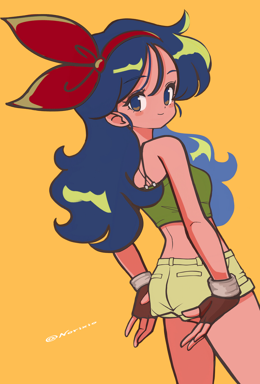 1girl, adjusting_clothes, adjusting_shorts, bare_shoulders, blue_eyes, blue_hair, brown_eyes, brown_gloves