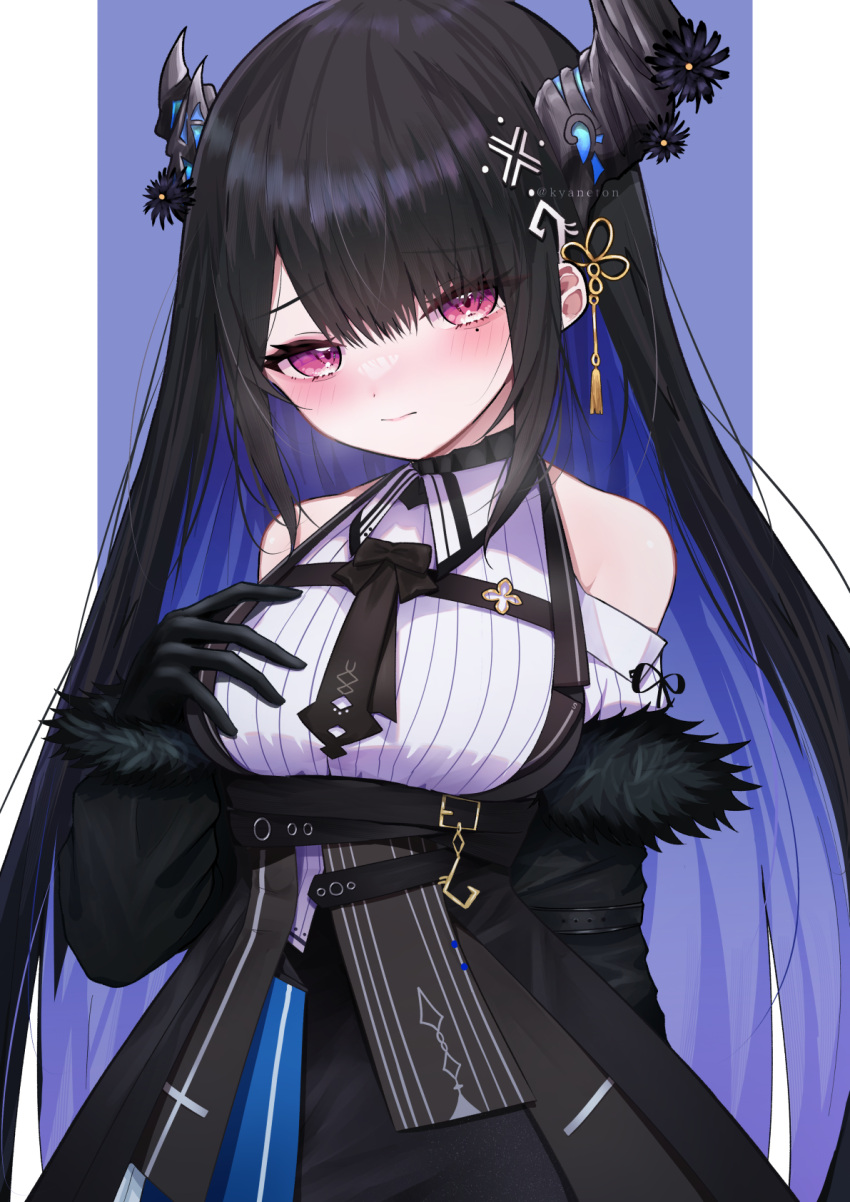 1girl, asymmetrical_horns, black_coat, black_gloves, black_hair, blue_hair, blush, clothing_cutout
