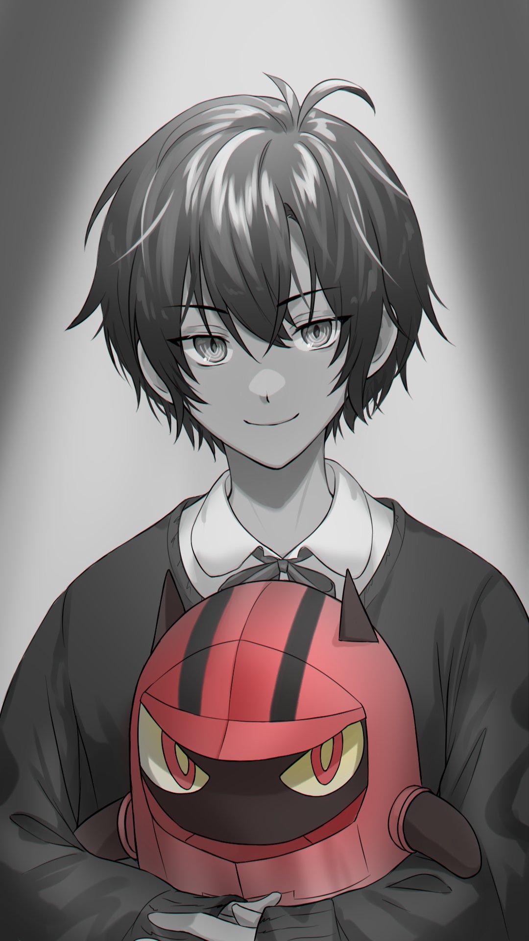 1boy, closed_mouth, cowlick, creature, facing_viewer, greyscale, hair_between_eyes, highres