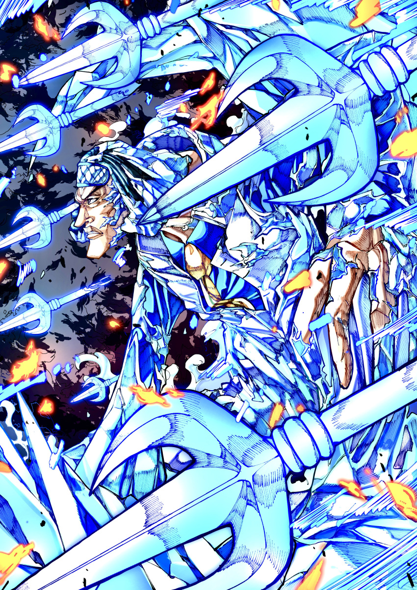 1boy, absurdres, commentary_request, curly_hair, highres, ice, kuzan_(aokiji), male_focus, marine_uniform_(one_piece), mature_male, military_uniform, necktie, one_piece, satomaru31000, sleep_mask, solo, teeth, uniform, v-shaped_eyebrows, yellow_necktie