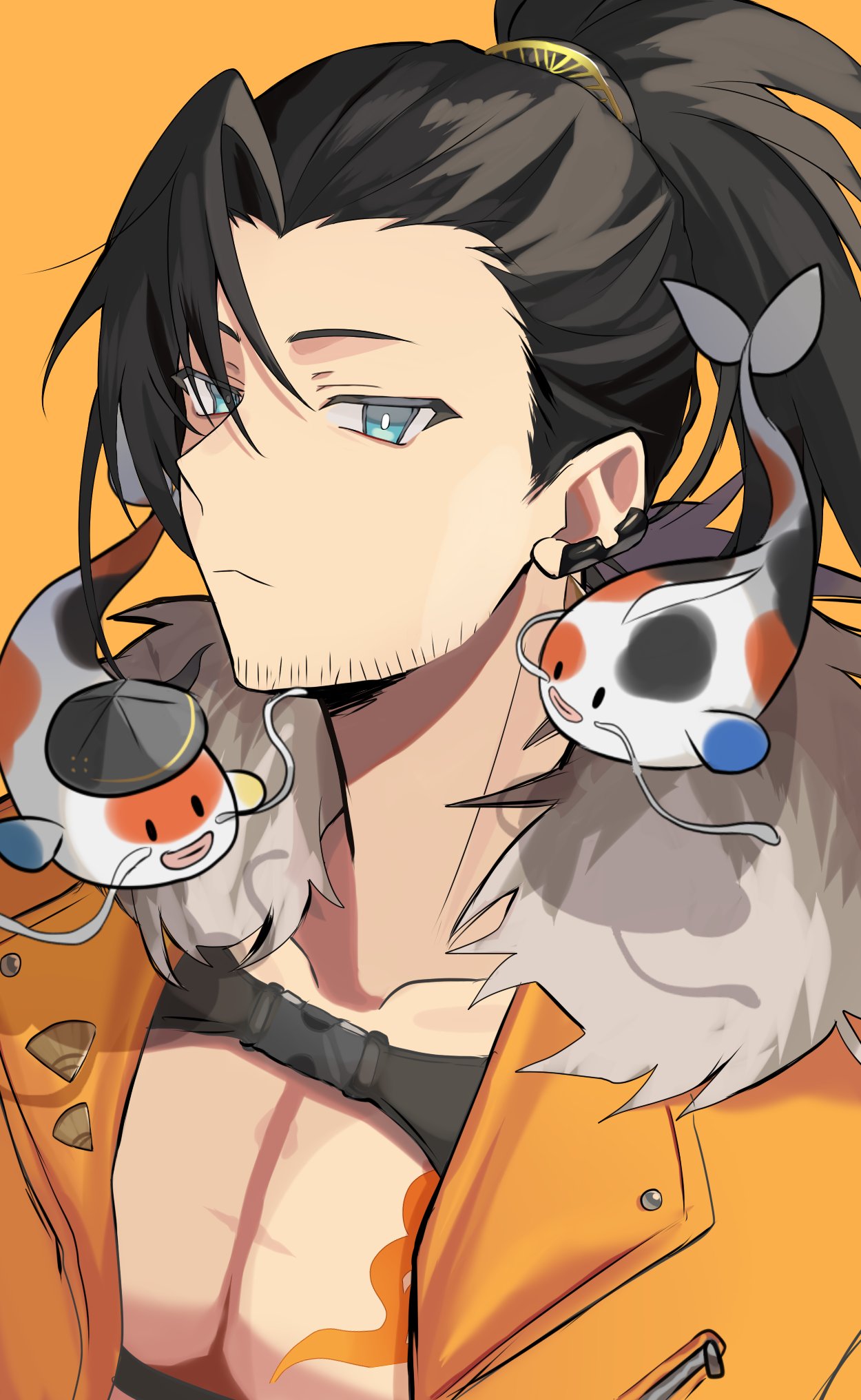 04090x, 1boy, :<, beard_stubble, black_hair, blue_eyes, chest_tattoo, earrings