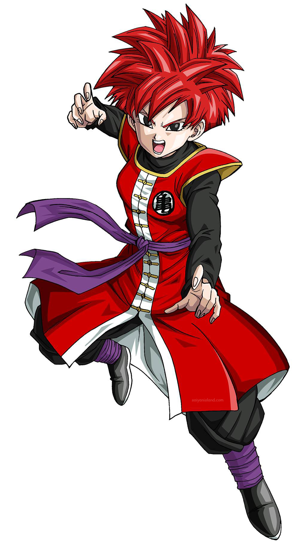 1girl, baggy_pants, black_footwear, black_pants, chinese_clothes, dougi, dragon_ball, dragon_ball_xenoverse, fighting_stance, full_body, highres, long_sleeves, mirai_senshi, open_mouth, pants, purple_sash, redhead, sash, simple_background, solo, spiky_hair, white_background