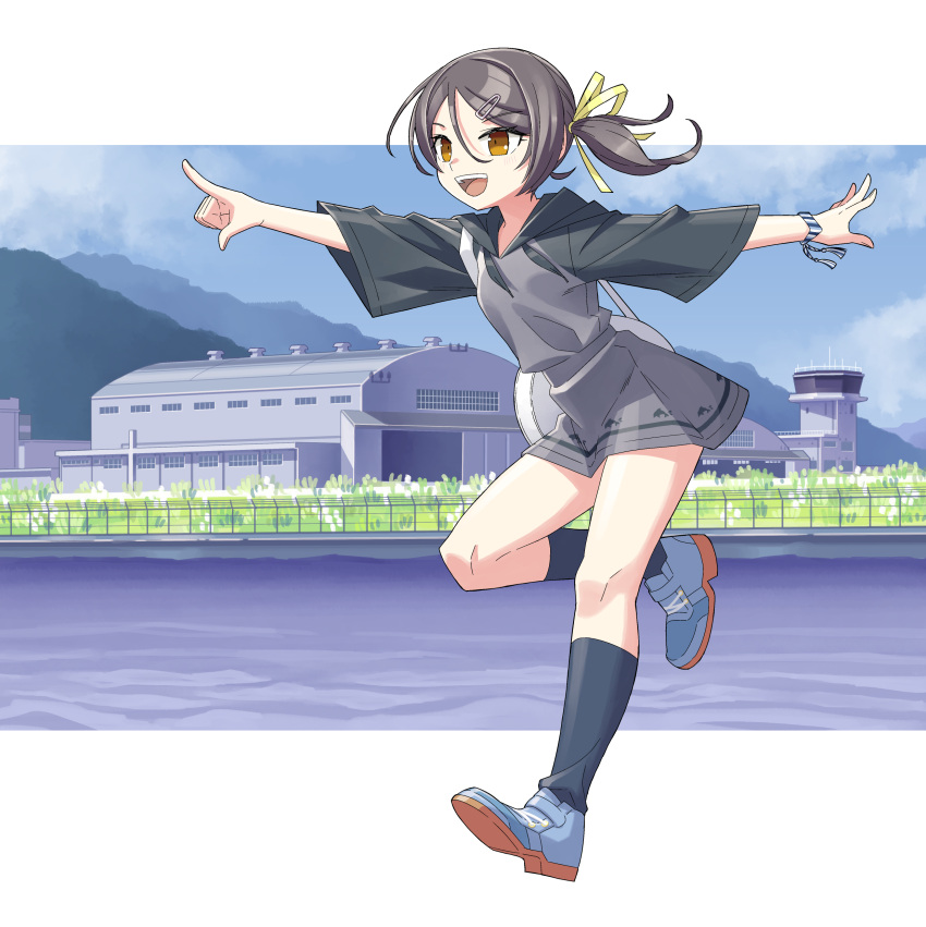 1girl, absurdres, bag, black_hair, black_socks, bracelet, brown_eyes, building