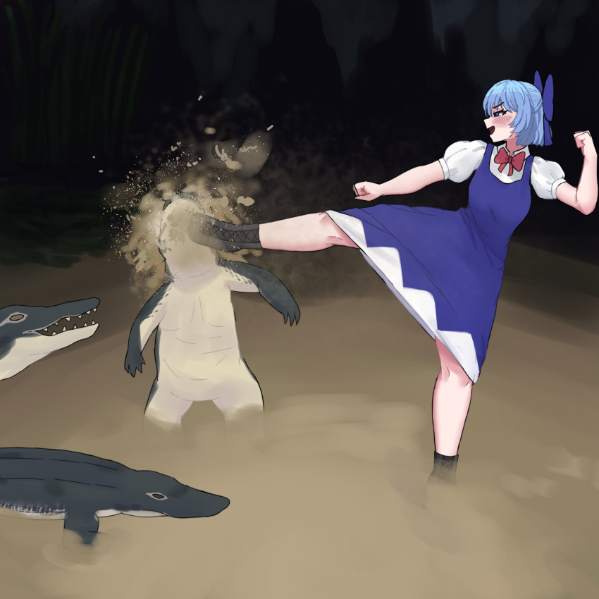 1girl, absurdres, ai-generated_art_(topic), alligator, alligator_kick_(meme), blue_dress, blue_eyes, blue_hair, cirno, collared_shirt, commentary, crocodilian, dress, english_commentary, fighting_stance, full_body, highres, in_the_face, kicking, meme, neck_ribbon, omikami, open_mouth, pinafore_dress, puffy_short_sleeves, puffy_sleeves, red_ribbon, ribbon, shirt, shoes, short_hair, short_sleeves, sleeveless, sleeveless_dress, smile, solo, standing, standing_on_one_leg, touhou, white_shirt