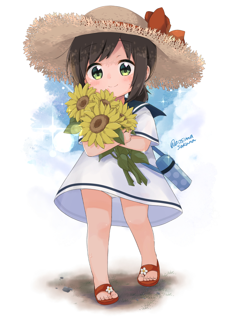 1girl, aged_down, aoshima_sakana, blue_sailor_collar, blush, bow, brown_headwear, dress