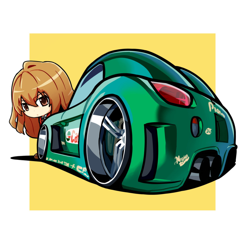 1girl, absurdres, aisaka_taiga, blue_ribbon, border, brown_eyes, brown_hair, car