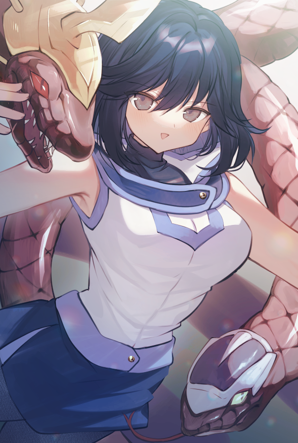 1girl, armpit_crease, black_hair, blue_skirt, blush, character_request, chestnut_mouth, duel_academy_uniform_(yu-gi-oh!_gx)