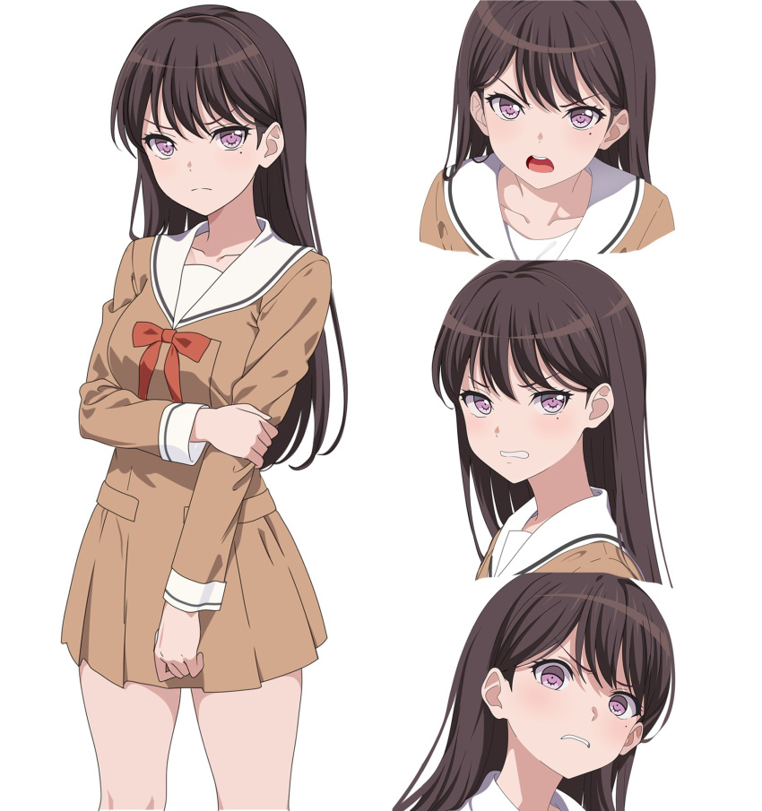 1girl, angry, bang_dream!, bang_dream!_it's_mygo!!!!!, breasts, brown_hair, dress, empty_eyes