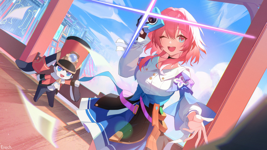 1girl, 1other, absurdres, artist_name, black_choker, black_corset, black_gloves, blue_eyes