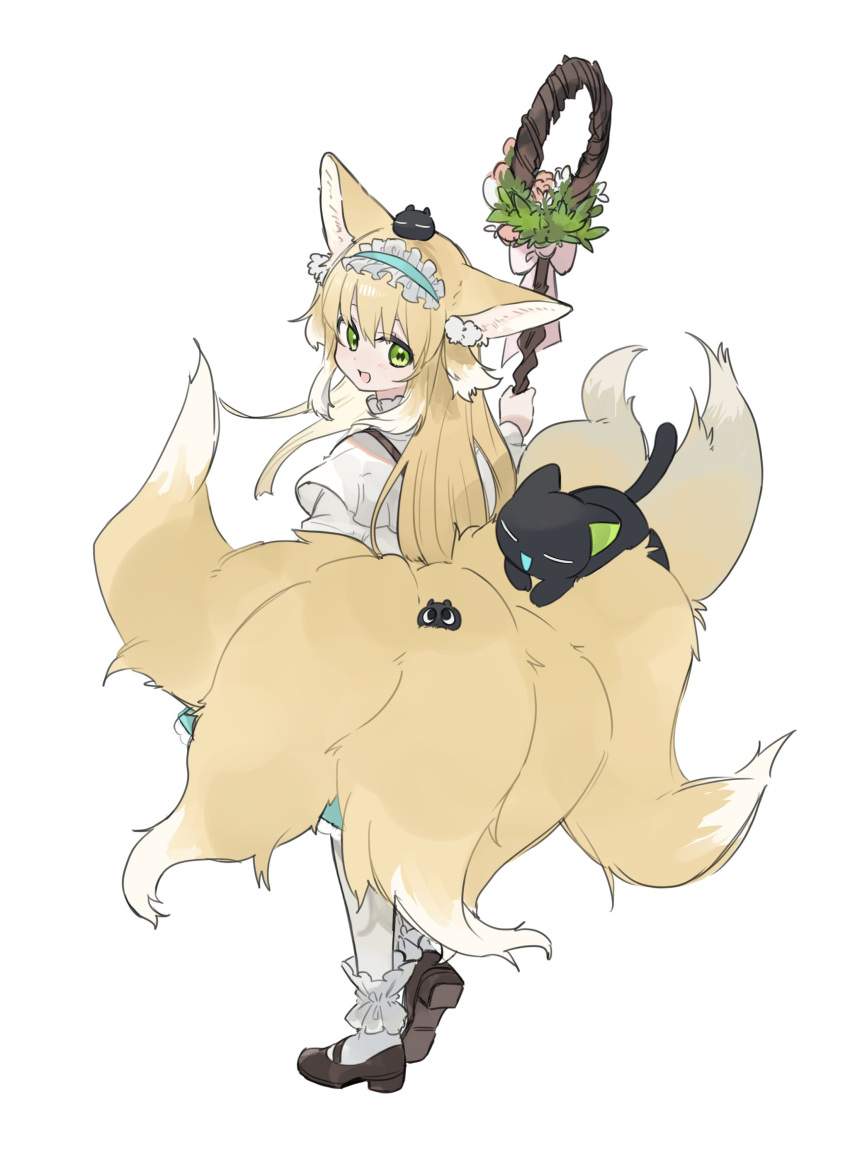 1girl, absurdres, animal_ears, animal_on_tail, aqua_hairband, arknights, black_cat, blonde_hair