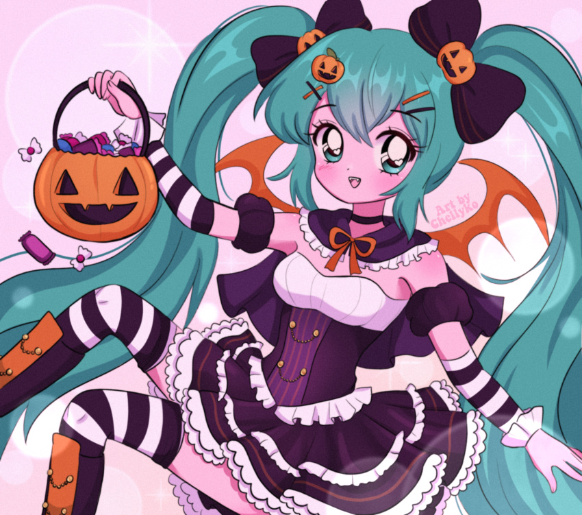 1girl, :d, aqua_eyes, aqua_hair, artist_name, bare_shoulders, bat_wings, black_bow