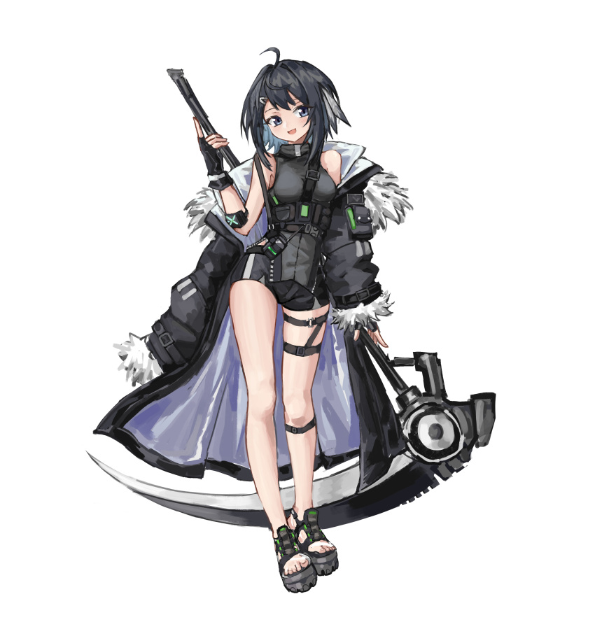 1girl, :d, absurdres, ahoge, arknights, bare_shoulders, black_eyes, black_hair, breasts, fingerless_gloves, full_body, fur-trimmed_jacket, fur_trim, gloves, highres, holding, holding_scythe, holding_weapon, jacket, la_pluma_(arknights), ningmengxiajiao, sandals, scythe, short_hair, shorts, smile, solo, weapon
